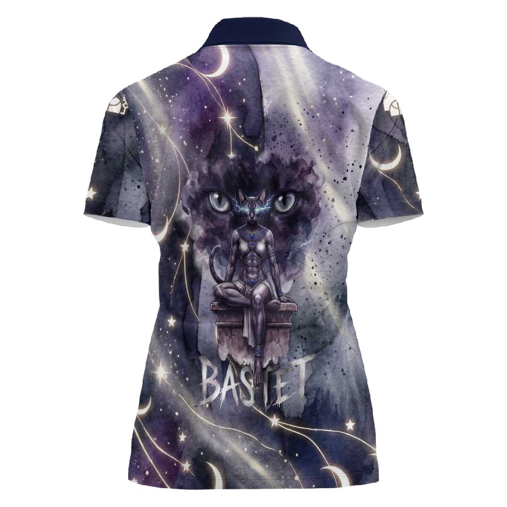 Bastet Egyptian Women Polo Shirt Cat Goddess Cosmic Protector Moon Magic Night Sky
