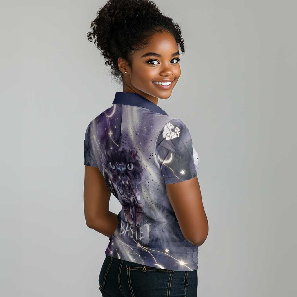 Bastet Egyptian Women Polo Shirt Cat Goddess Cosmic Protector Moon Magic Night Sky