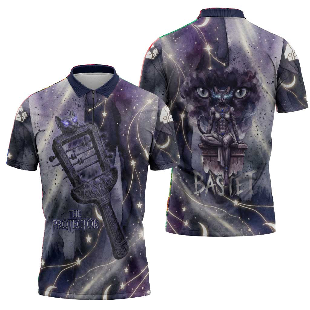 Bastet Egyptian Zipper Polo Shirt Cat Goddess Cosmic Protector Moon Magic Night Sky