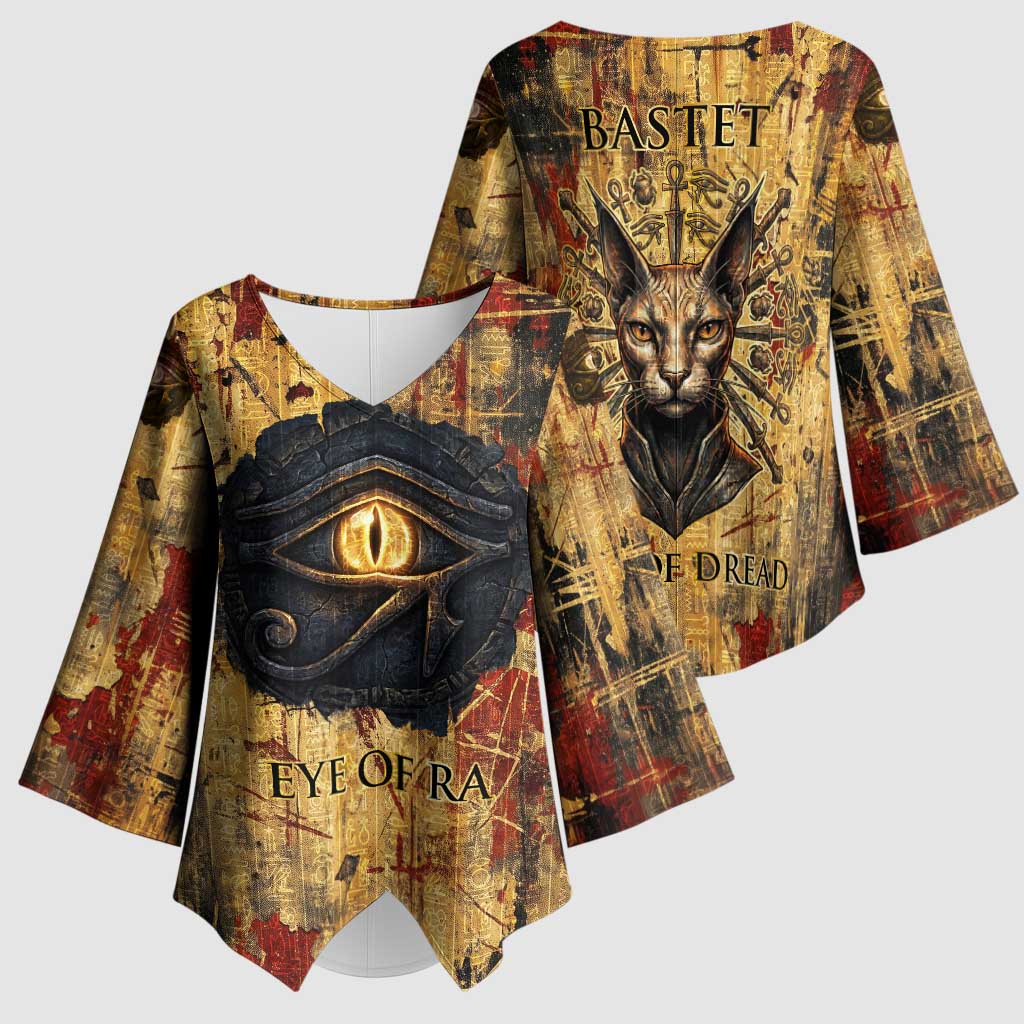 Bastet Egyptian Kimono Sleeve Blouse Eye of Ra Cat Goddess Lady of Dread Ancient Power