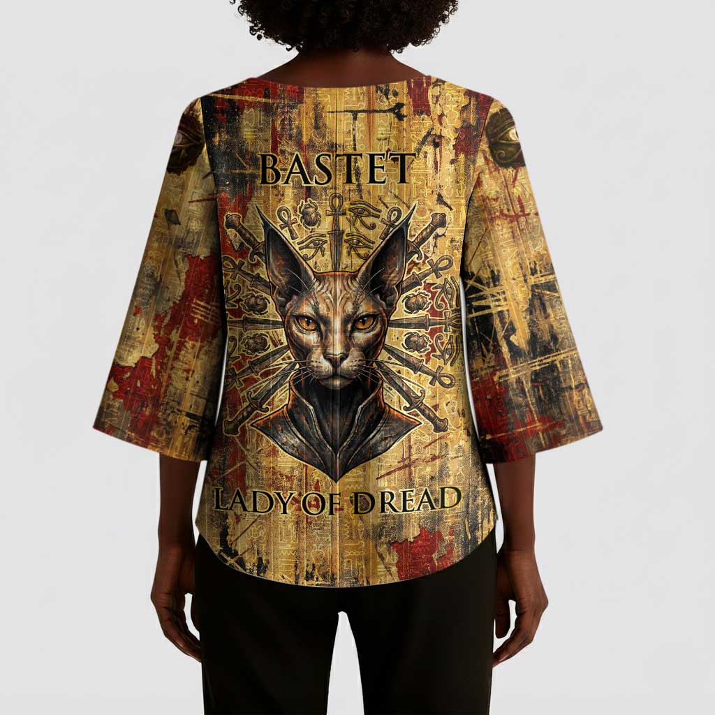 Bastet Egyptian Kimono Sleeve Blouse Eye of Ra Cat Goddess Lady of Dread Ancient Power
