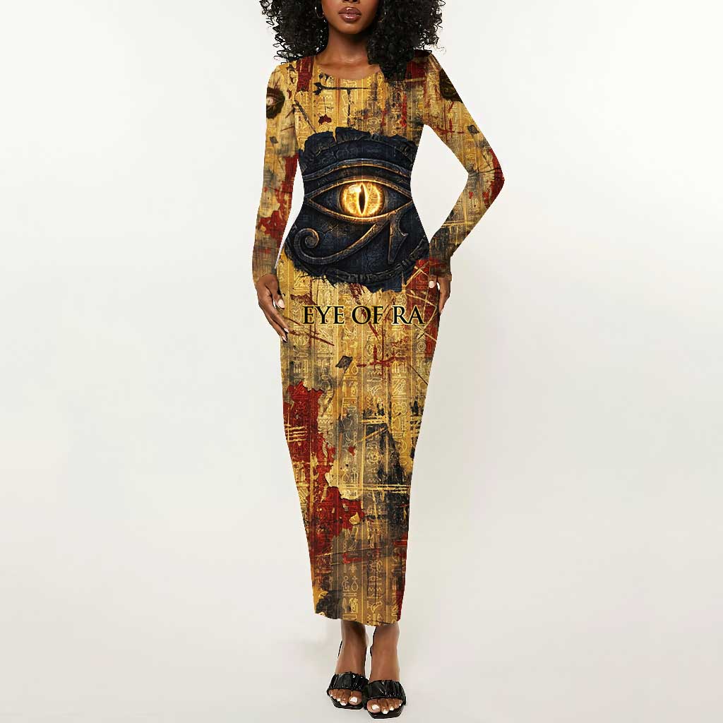 Bastet Egyptian Long Sleeve Bodycon Dress Eye of Ra Cat Goddess Lady of Dread Ancient Power