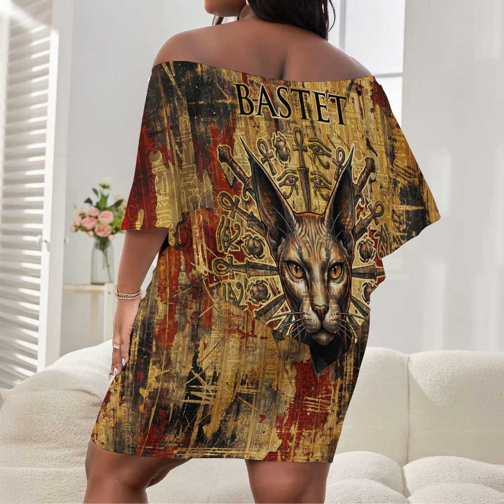 Bastet Egyptian Off Shoulder Short Dress Eye of Ra Cat Goddess Lady of Dread Ancient Power