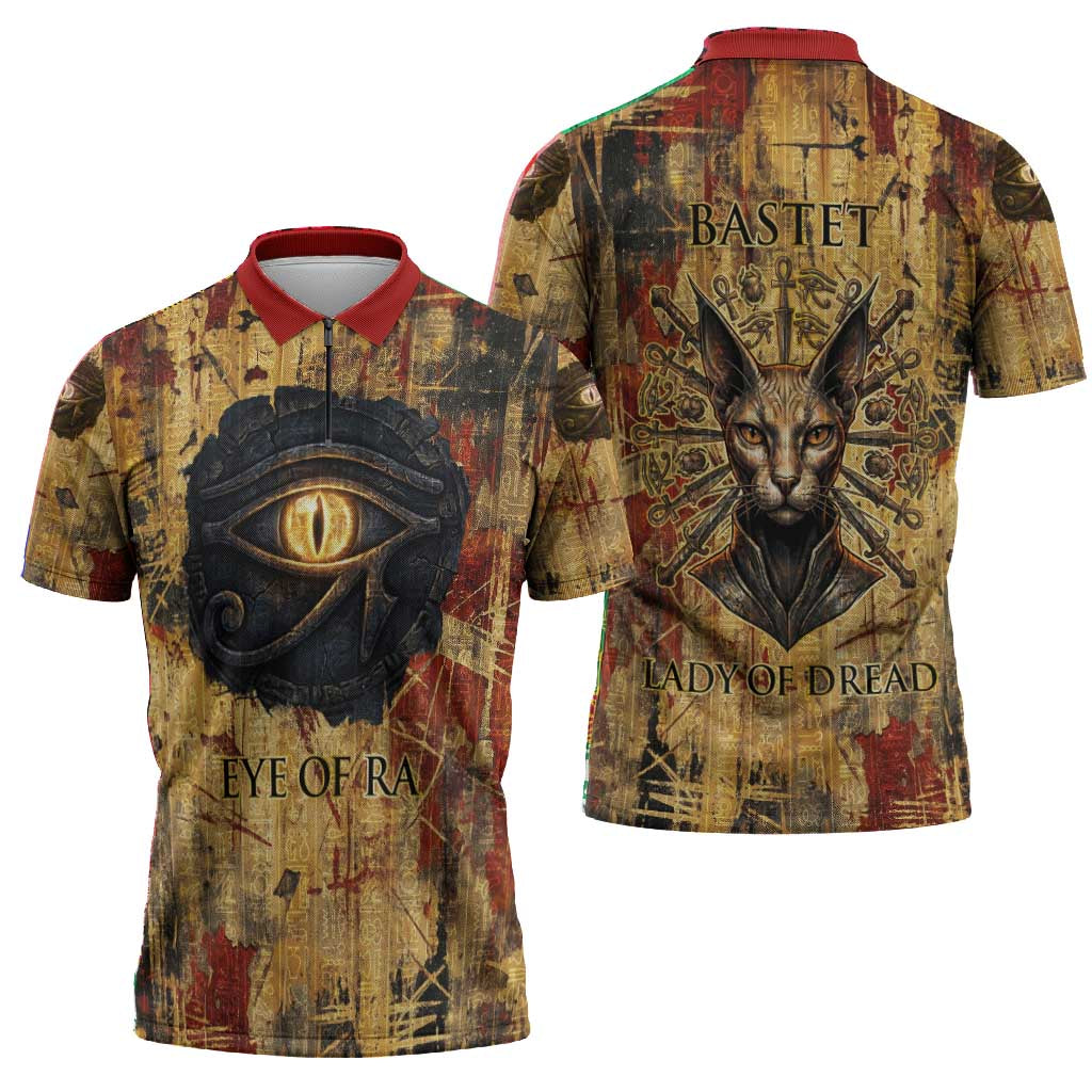 Bastet Egyptian Zipper Polo Shirt Eye of Ra Cat Goddess Lady of Dread Ancient Power