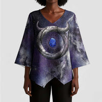 Bat Egyptian Kimono Sleeve Blouse Cow Goddess Celestial Face Horn Ring Gem Cosmic Starry Sky