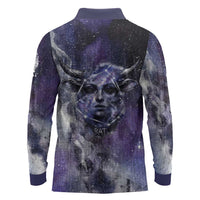 Bat Egyptian Long Sleeve Polo Shirt Cow Goddess Celestial Face Horn Ring Gem Cosmic Starry Sky