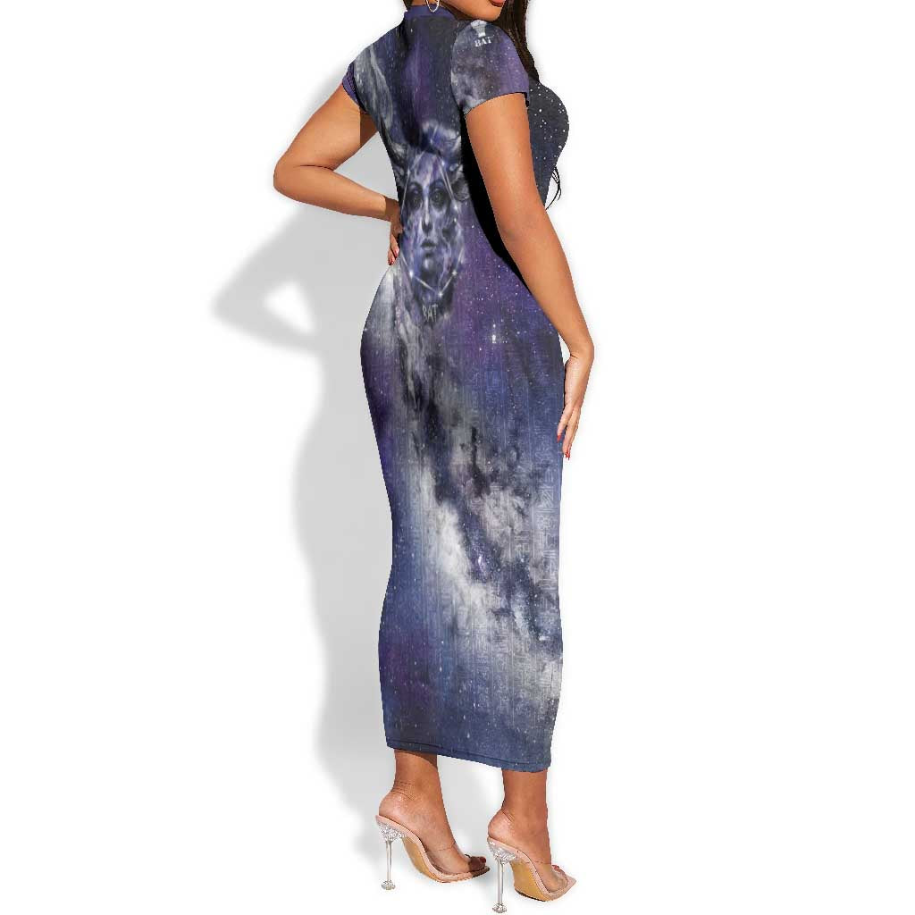 Bat Egyptian Short Sleeve Bodycon Dress Cow Goddess Celestial Face Horn Ring Gem Cosmic Starry Sky