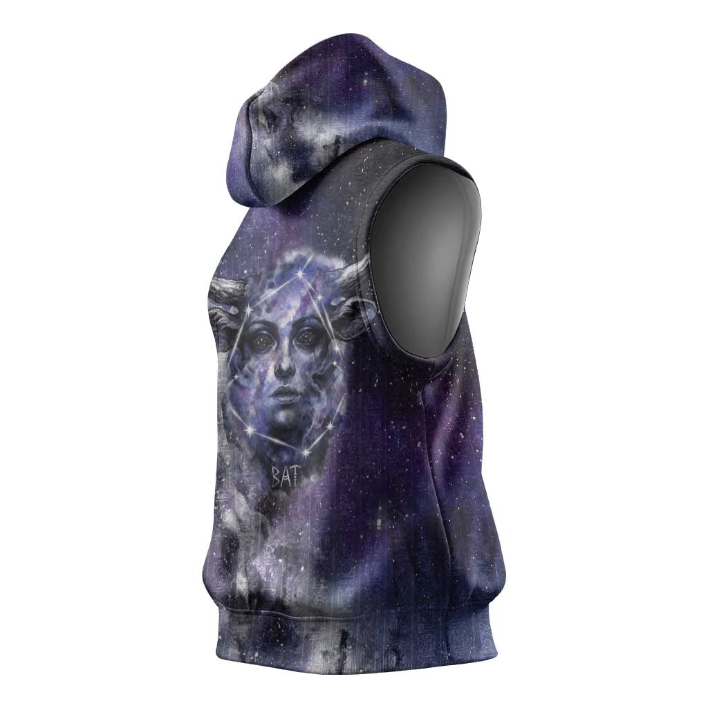 Bat Egyptian Sleeveless Hoodie Cow Goddess Celestial Face Horn Ring Gem Cosmic Starry Sky