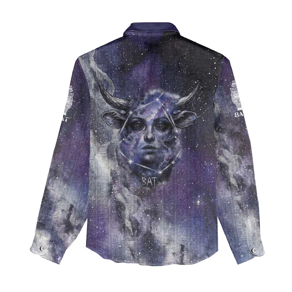 Bat Egyptian Women Casual Shirt Cow Goddess Celestial Face Horn Ring Gem Cosmic Starry Sky