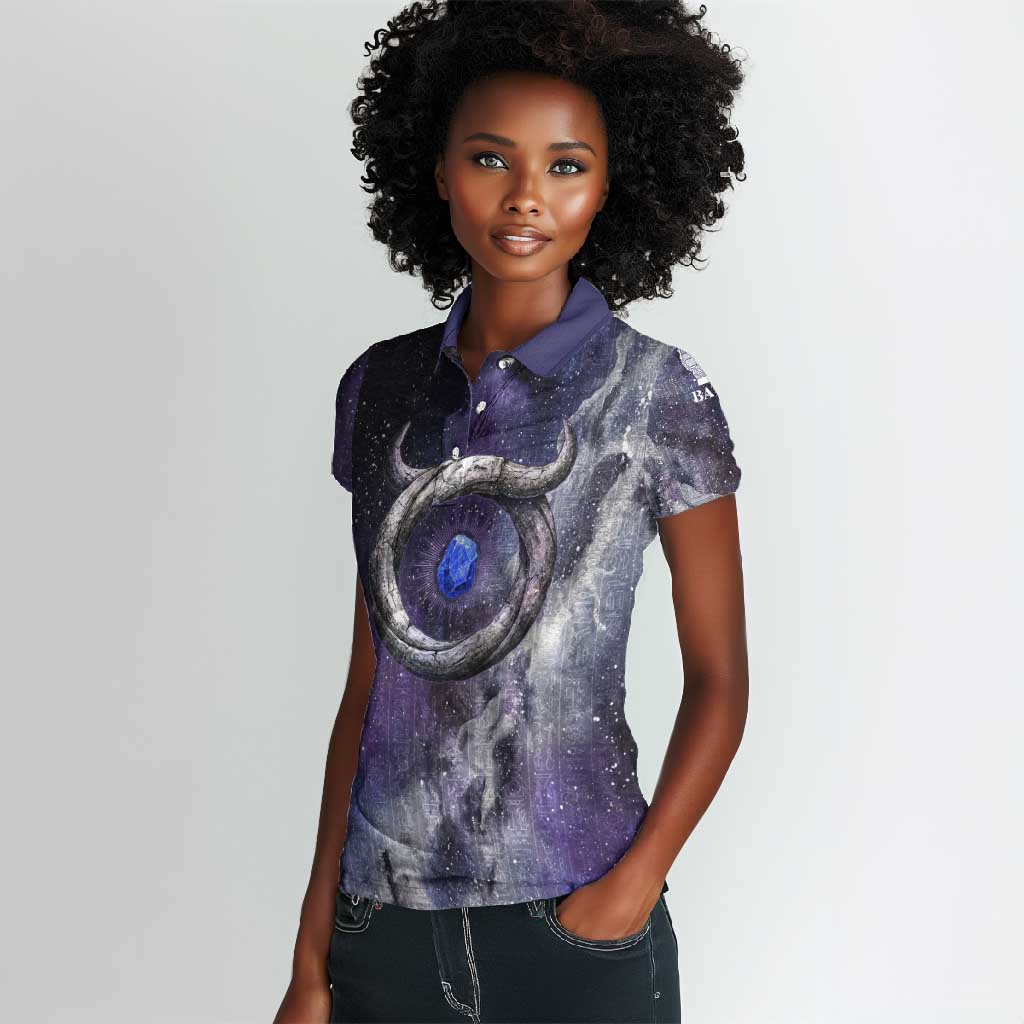 Bat Egyptian Women Polo Shirt Cow Goddess Celestial Face Horn Ring Gem Cosmic Starry Sky