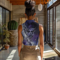 Bat Egyptian Women Sleeveless Polo Shirt Cow Goddess Celestial Face Horn Ring Gem Cosmic Starry Sky
