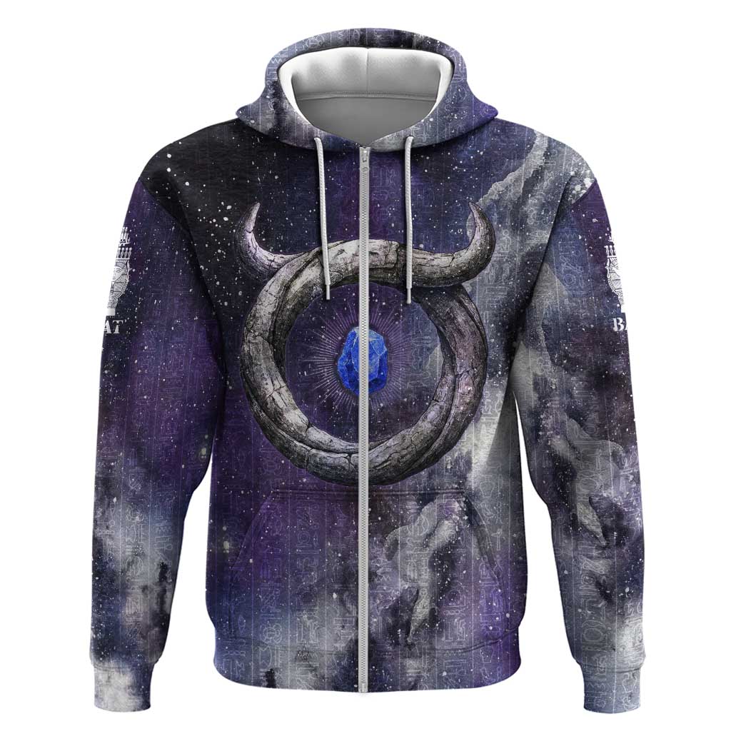 Bat Egyptian Zip Hoodie Cow Goddess Celestial Face Horn Ring Gem Cosmic Starry Sky