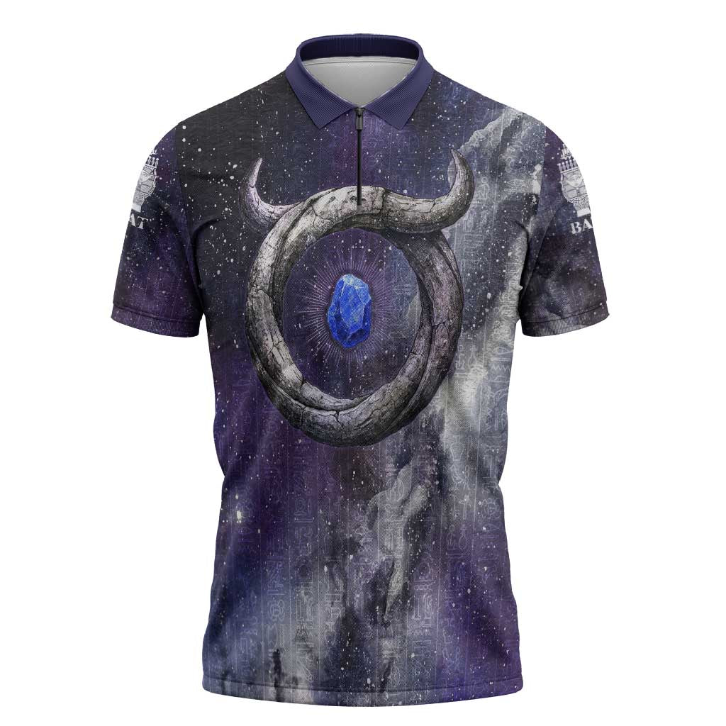 Bat Egyptian Zipper Polo Shirt Cow Goddess Celestial Face Horn Ring Gem Cosmic Starry Sky