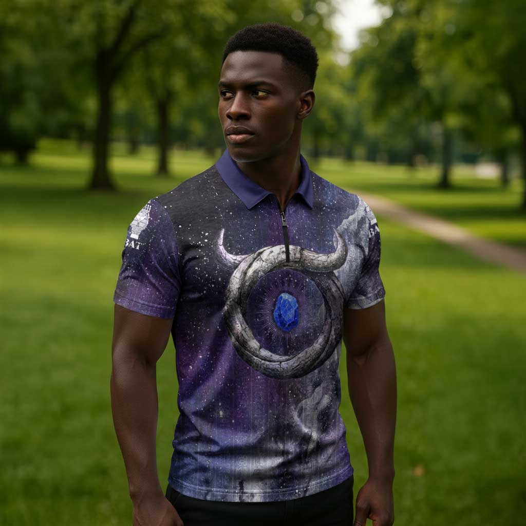 Bat Egyptian Zipper Polo Shirt Cow Goddess Celestial Face Horn Ring Gem Cosmic Starry Sky