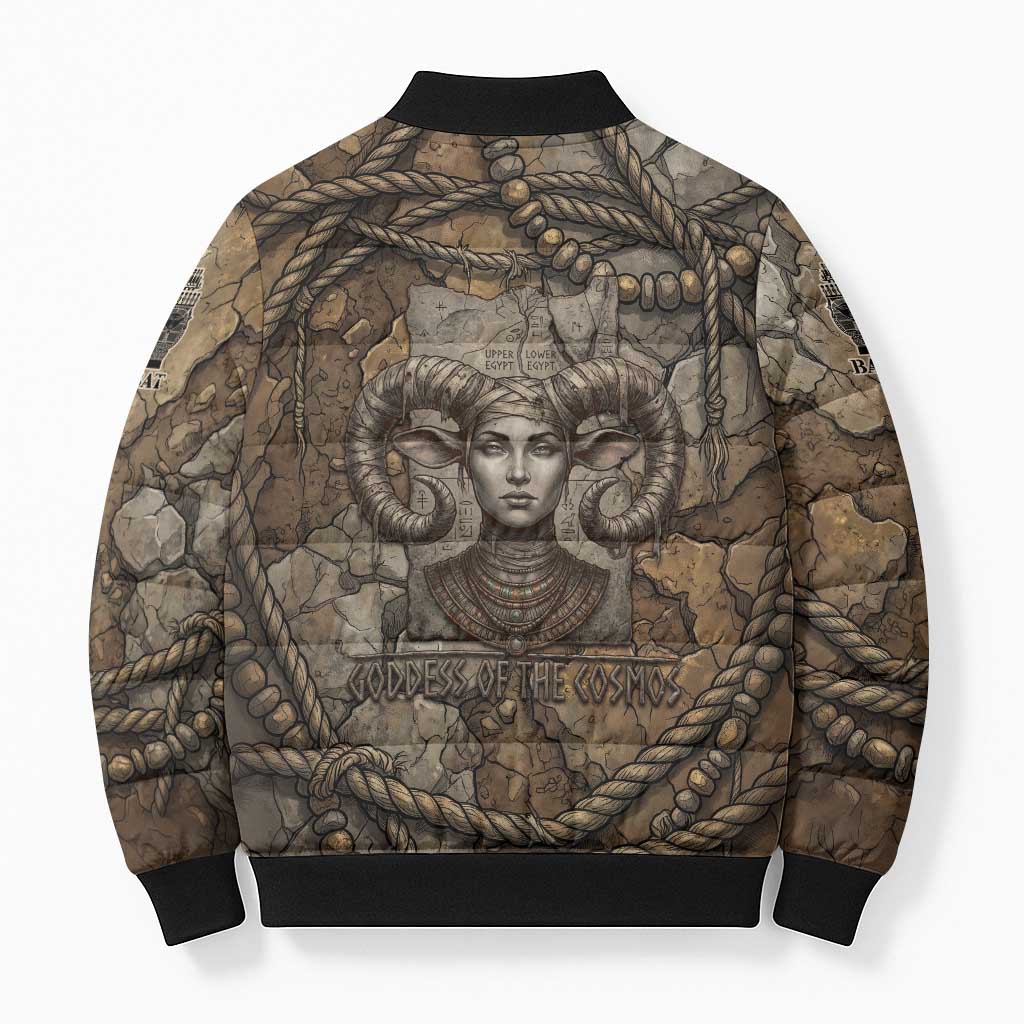 Bat Bomber Puffer Jacket Goddess of the Cosmos Ancient Egyptian Cow Horns Stone