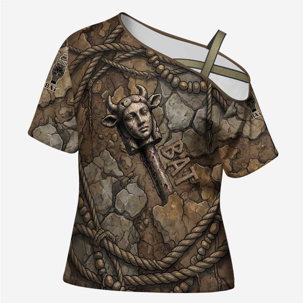 Bat Cross Shoulder Shirt Goddess of the Cosmos Ancient Egyptian Cow Horns Stone