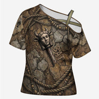 Bat Cross Shoulder Shirt Goddess of the Cosmos Ancient Egyptian Cow Horns Stone