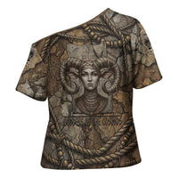 Bat Cross Shoulder Shirt Goddess of the Cosmos Ancient Egyptian Cow Horns Stone