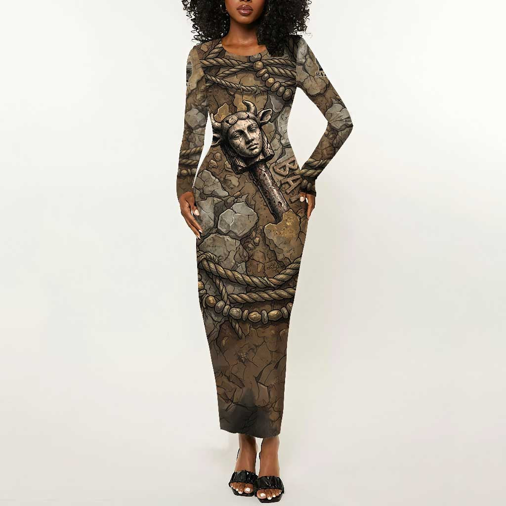 Bat Long Sleeve Bodycon Dress Goddess of the Cosmos Ancient Egyptian Cow Horns Stone