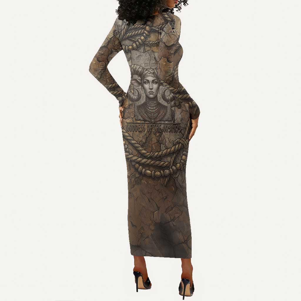 Bat Long Sleeve Bodycon Dress Goddess of the Cosmos Ancient Egyptian Cow Horns Stone