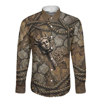 Bat Long Sleeve Button Shirt Goddess of the Cosmos Ancient Egyptian Cow Horns Stone