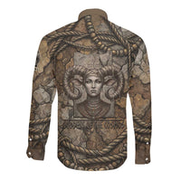 Bat Long Sleeve Button Shirt Goddess of the Cosmos Ancient Egyptian Cow Horns Stone