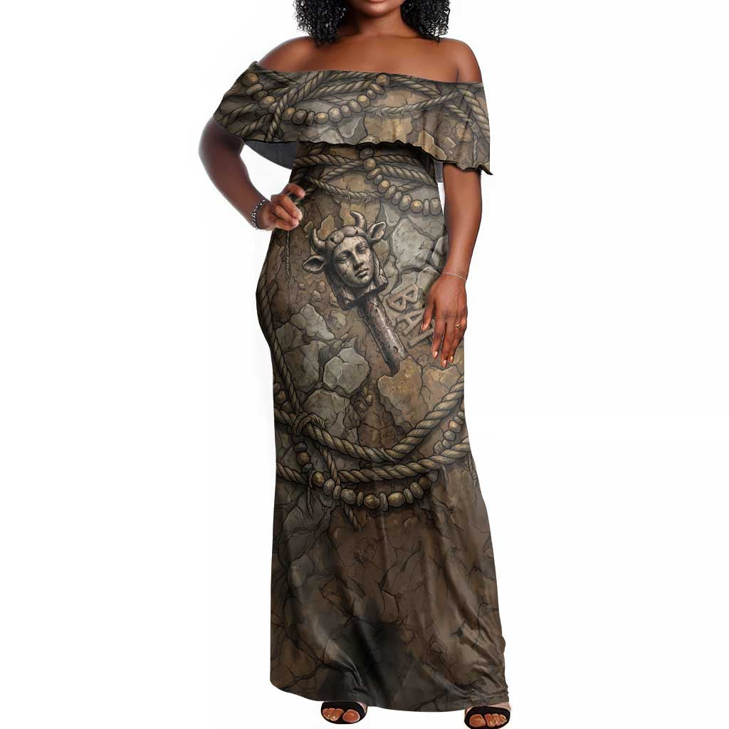 Bat Off Shoulder Maxi Dress Goddess of the Cosmos Ancient Egyptian Cow Horns Stone