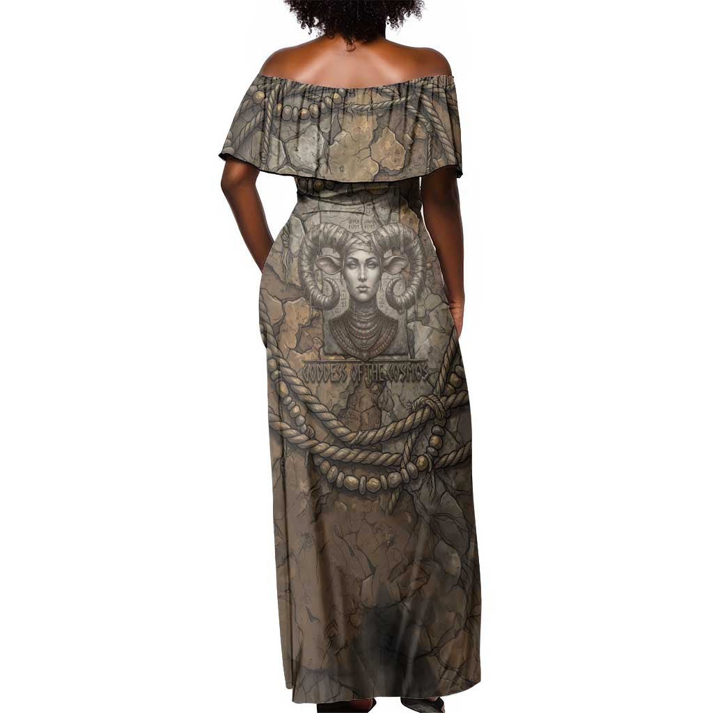 Bat Off Shoulder Maxi Dress Goddess of the Cosmos Ancient Egyptian Cow Horns Stone