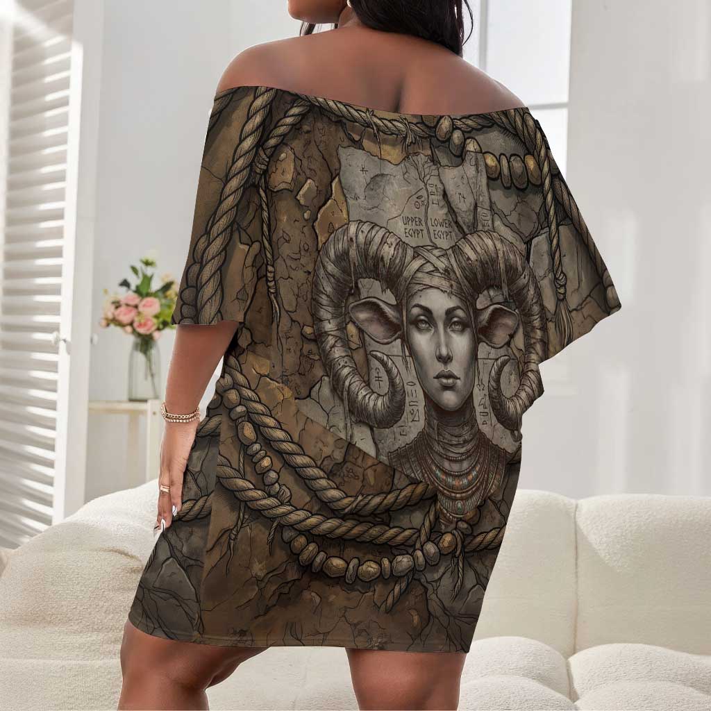 Bat Off Shoulder Short Dress Goddess of the Cosmos Ancient Egyptian Cow Horns Stone