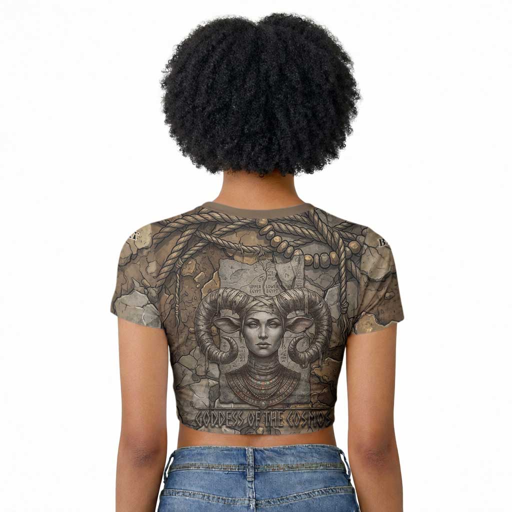 Bat Raglan Cropped T shirt Goddess of the Cosmos Ancient Egyptian Cow Horns Stone