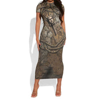 Bat Short Sleeve Bodycon Dress Goddess of the Cosmos Ancient Egyptian Cow Horns Stone