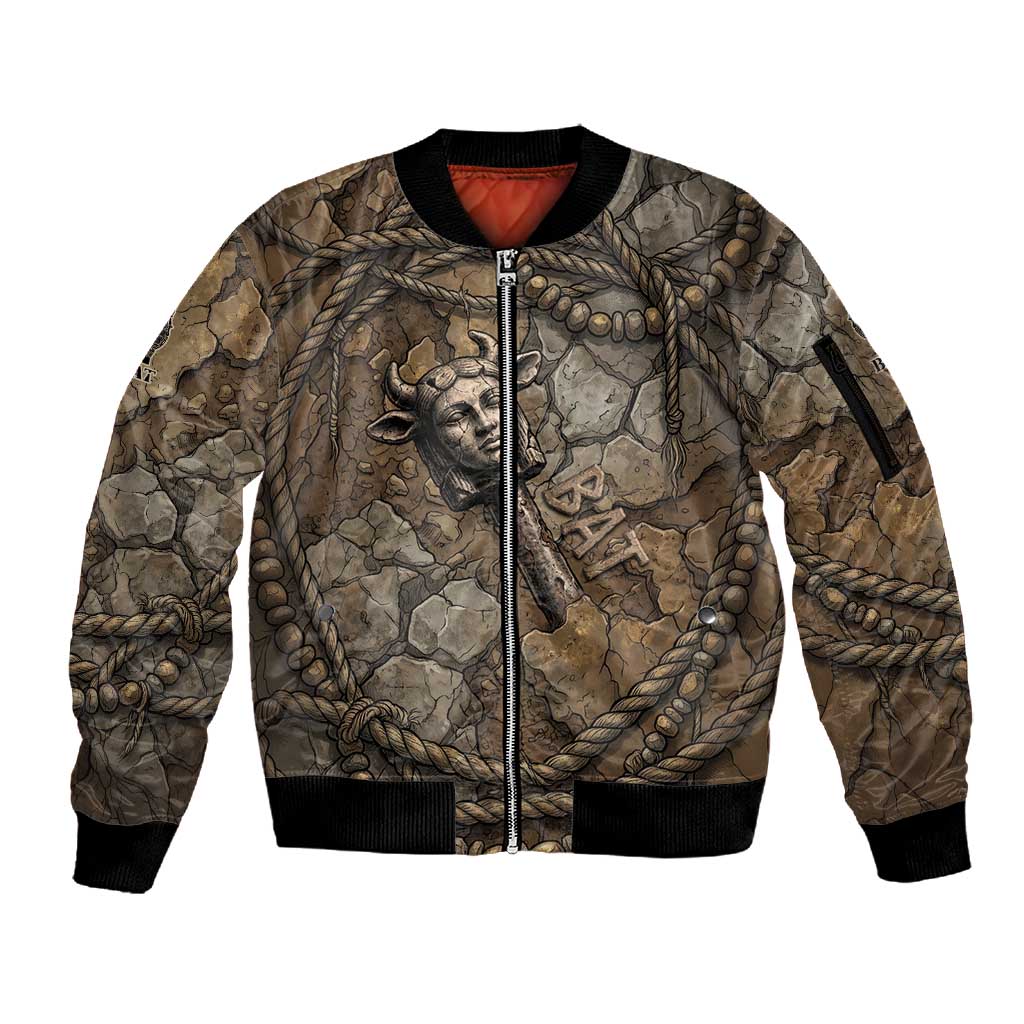 Bat Sleeve Zip Bomber Jacket Goddess of the Cosmos Ancient Egyptian Cow Horns Stone
