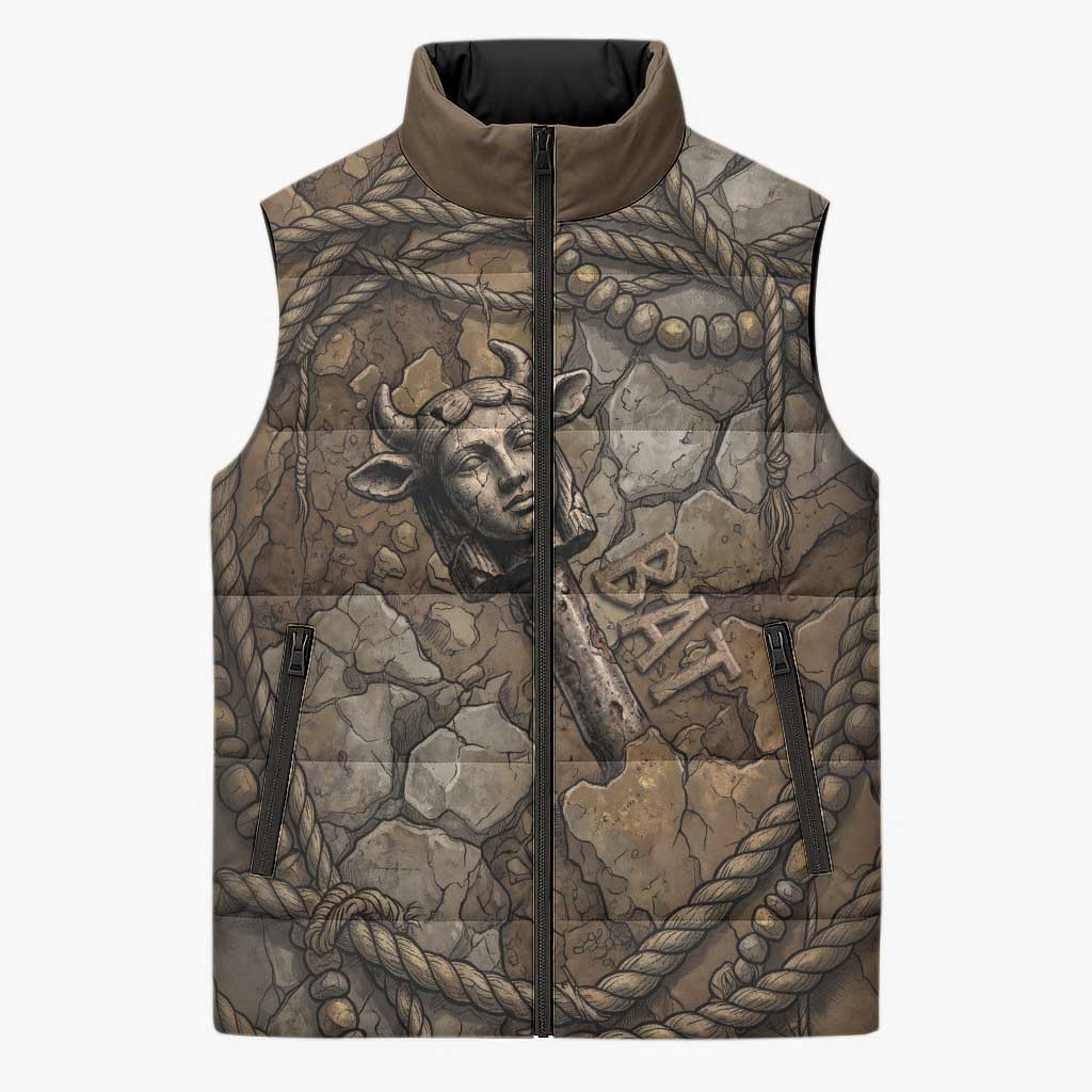 Bat Sleeveless Puffer Jacket Goddess of the Cosmos Ancient Egyptian Cow Horns Stone