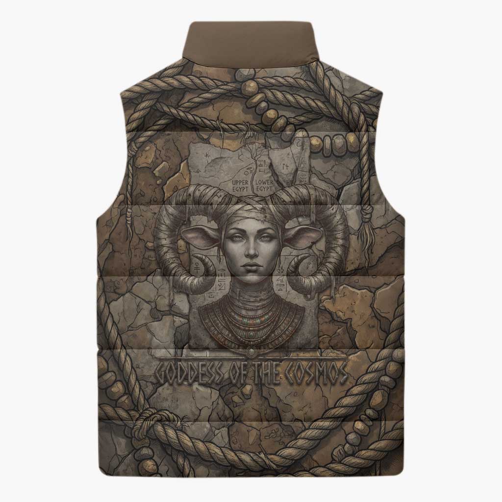 Bat Sleeveless Puffer Jacket Goddess of the Cosmos Ancient Egyptian Cow Horns Stone