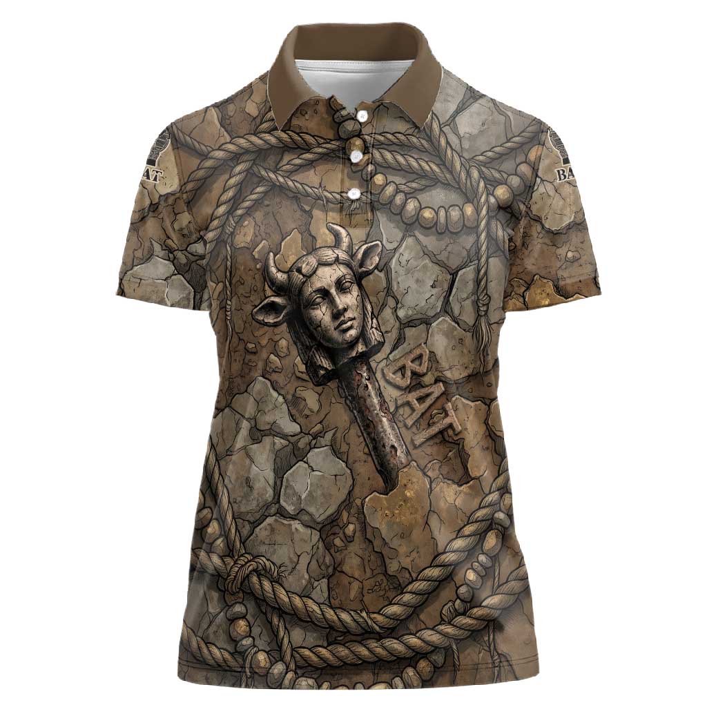 Bat Women Polo Shirt Goddess of the Cosmos Ancient Egyptian Cow Horns Stone