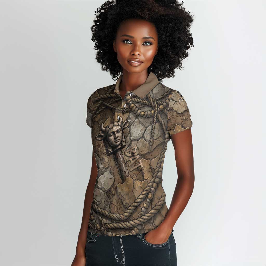 Bat Women Polo Shirt Goddess of the Cosmos Ancient Egyptian Cow Horns Stone