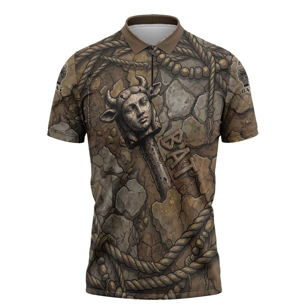 Bat Zipper Polo Shirt Goddess of the Cosmos Ancient Egyptian Cow Horns Stone