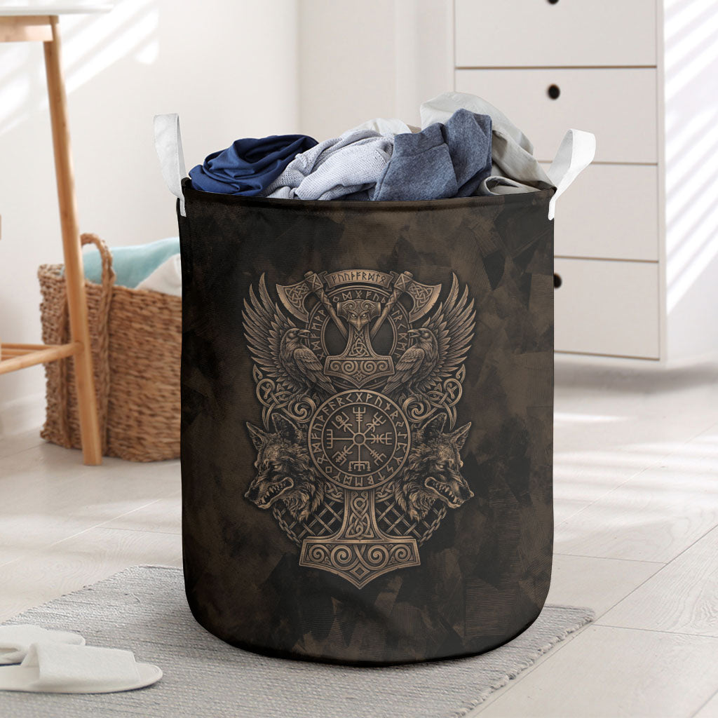 Viking Raven Wolf Vegvisir Laundry Basket Nordic Runic Engraving Style