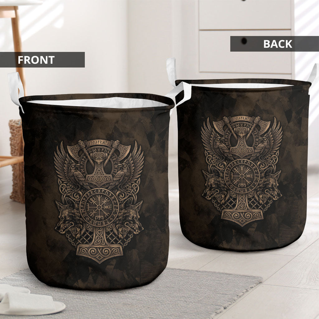 Viking Raven Wolf Vegvisir Laundry Basket Nordic Runic Engraving Style