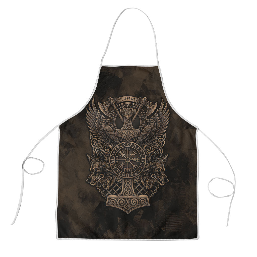 Viking Raven Wolf Vegvisir Apron Nordic Runic Engraving Style