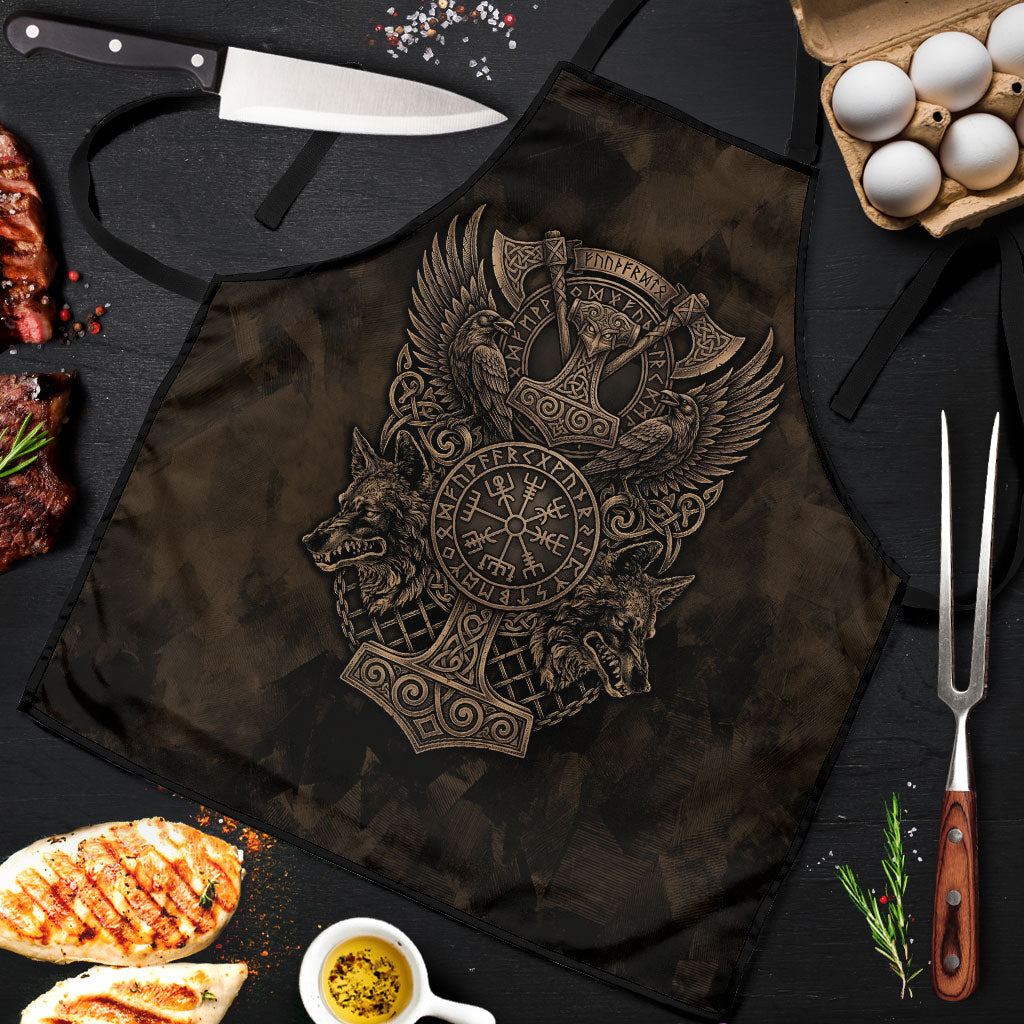 Viking Raven Wolf Vegvisir Apron Nordic Runic Engraving Style