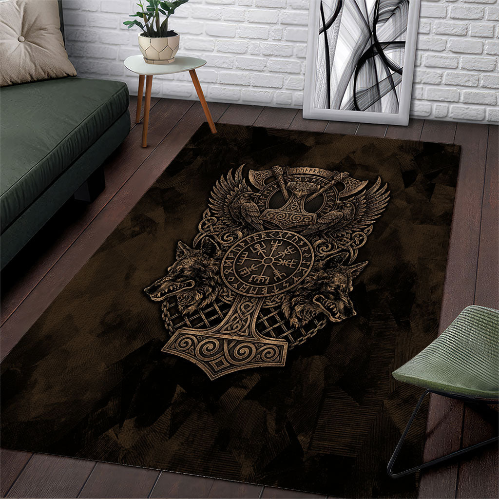 Viking Raven Wolf Vegvisir Area Rug Nordic Runic Engraving Style