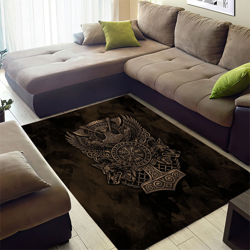 Viking Raven Wolf Vegvisir Area Rug Nordic Runic Engraving Style