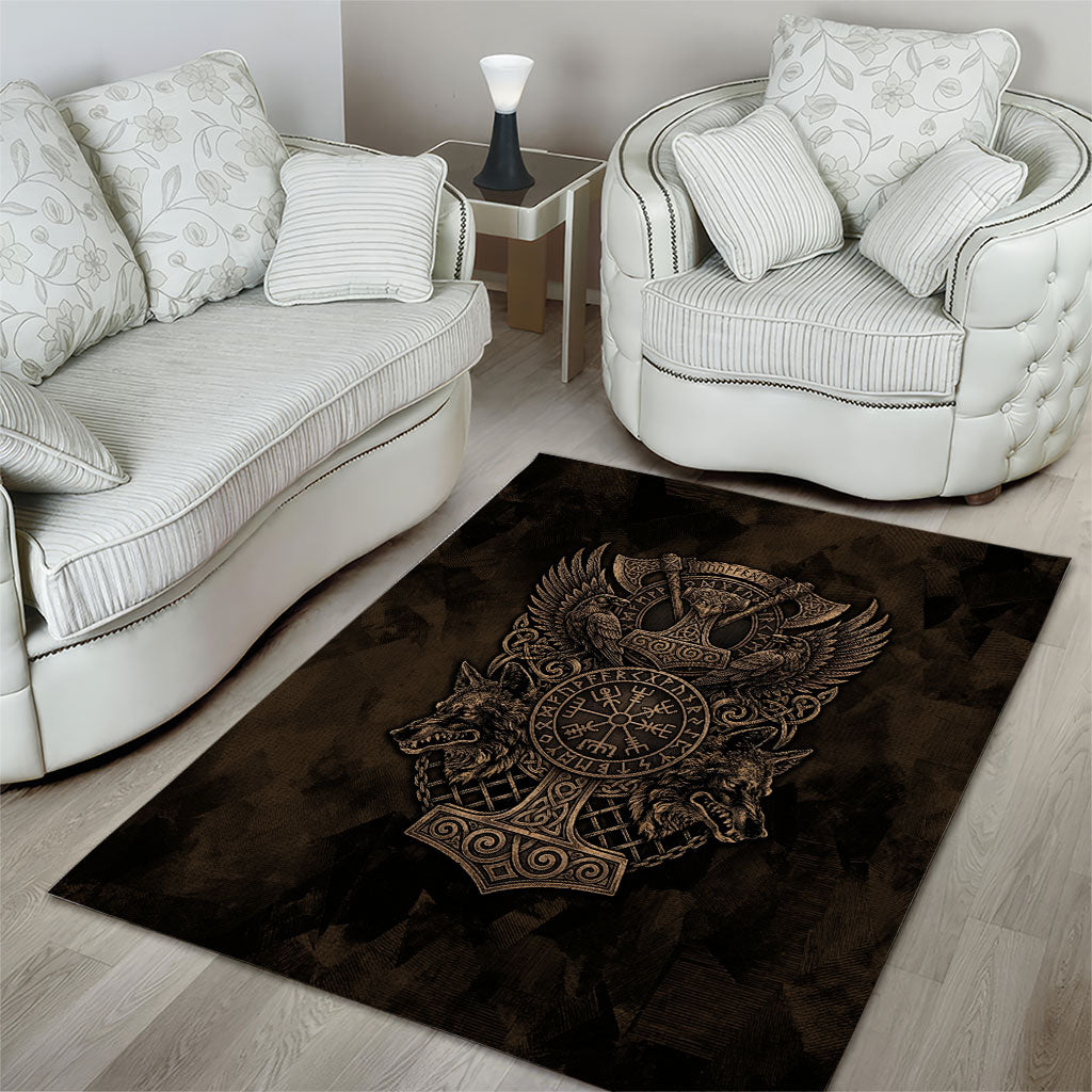 Viking Raven Wolf Vegvisir Area Rug Nordic Runic Engraving Style