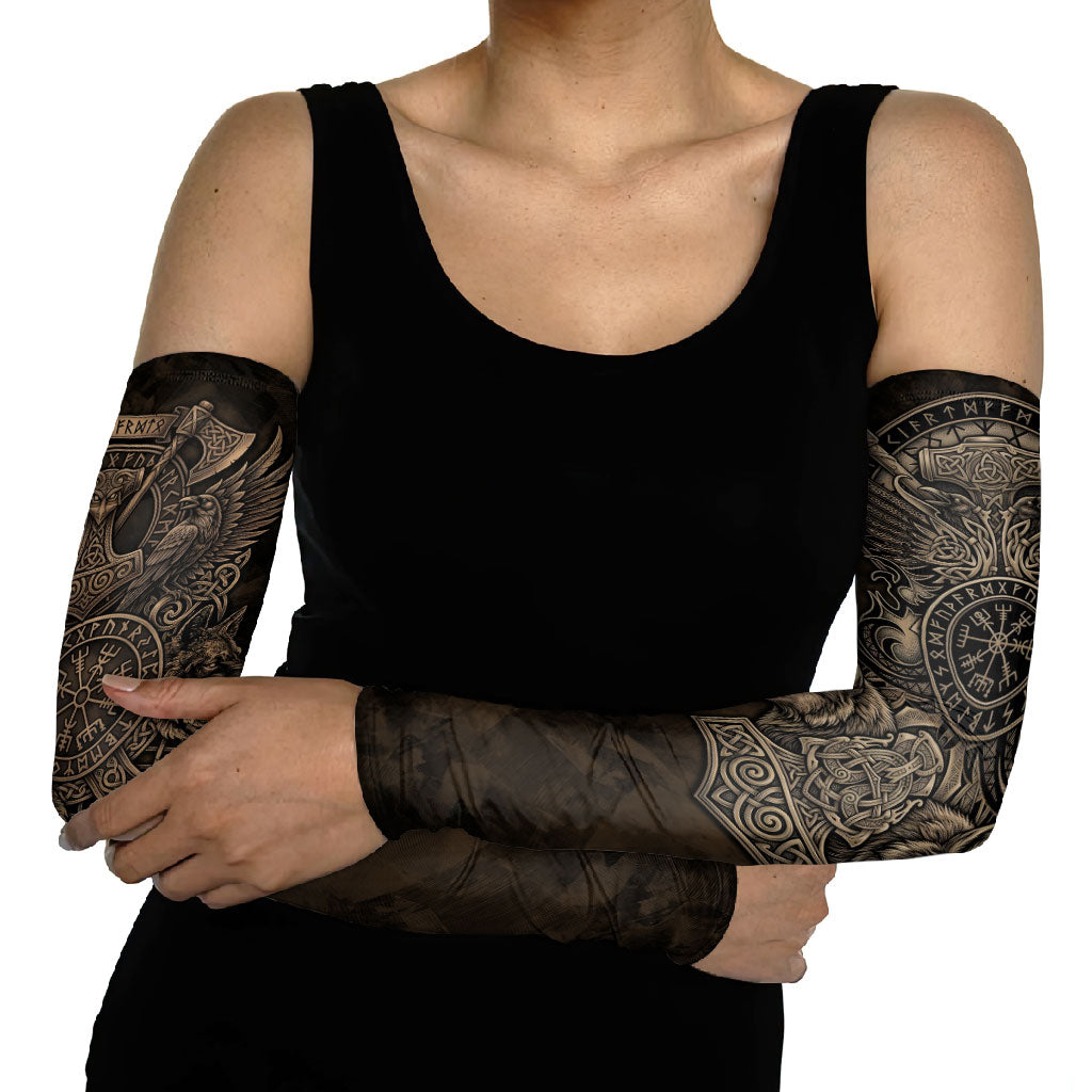 Viking Raven Wolf Vegvisir Arm Sleeves Nordic Runic Engraving Style
