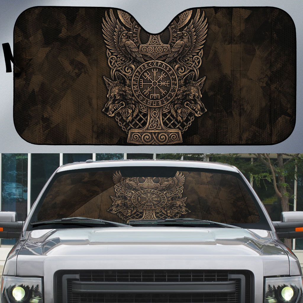 Viking Raven Wolf Vegvisir Auto Sun Shade Nordic Runic Engraving Style