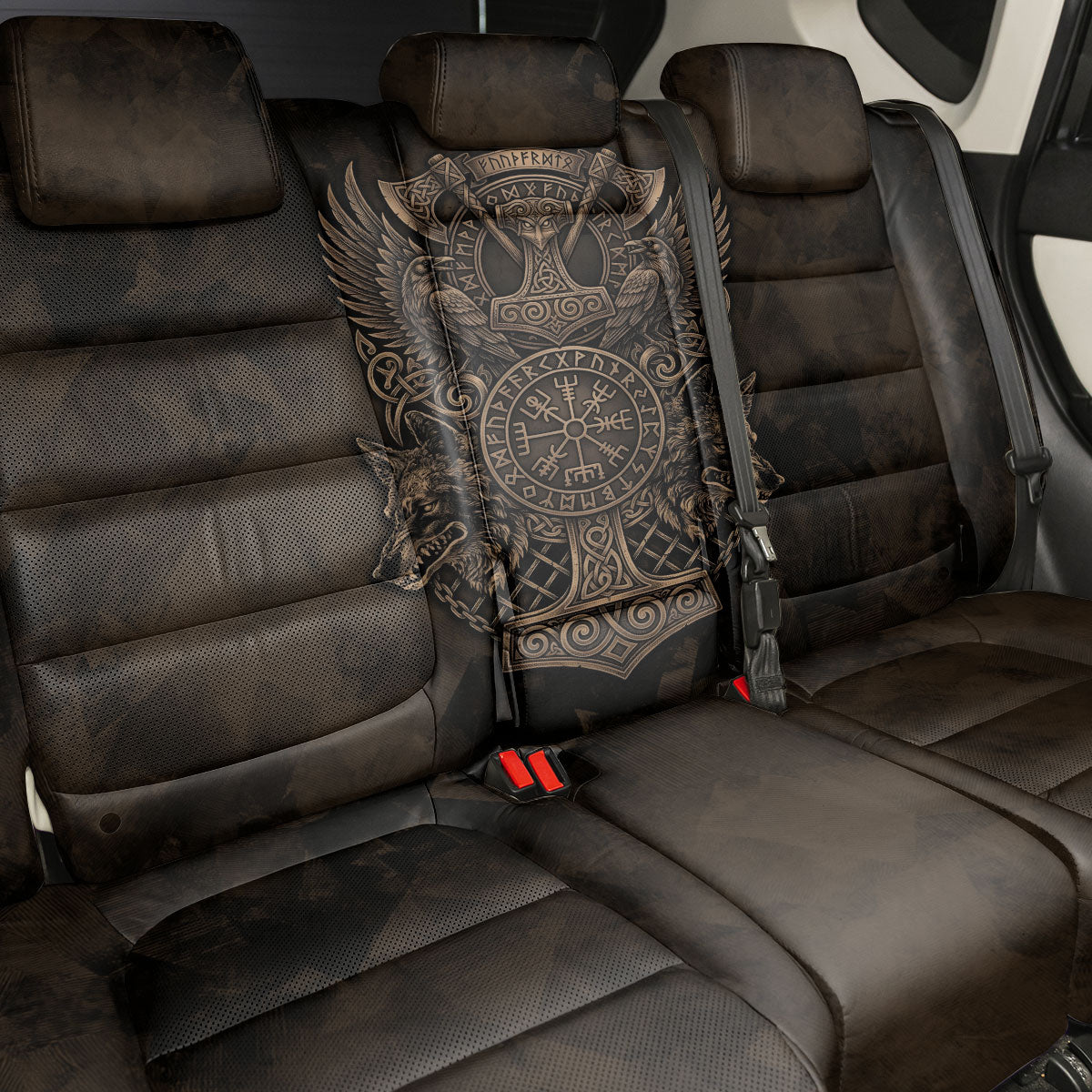 Viking Raven Wolf Vegvisir Back Car Seat Cover Nordic Runic Engraving Style
