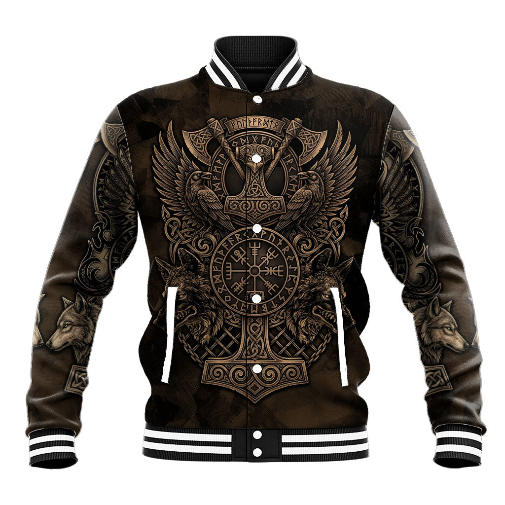 Viking Raven Wolf Vegvisir Baseball Jacket Nordic Runic Engraving Style