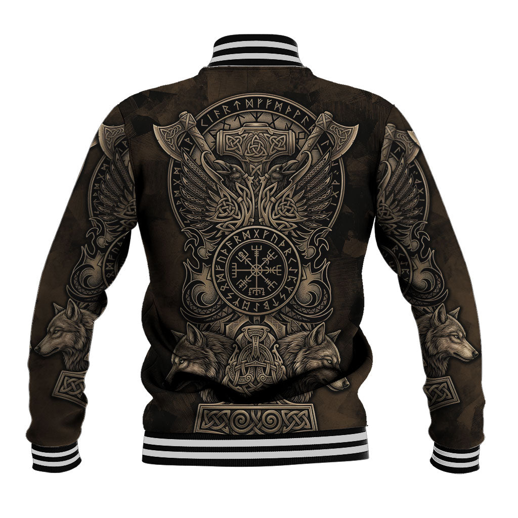 Viking Raven Wolf Vegvisir Baseball Jacket Nordic Runic Engraving Style