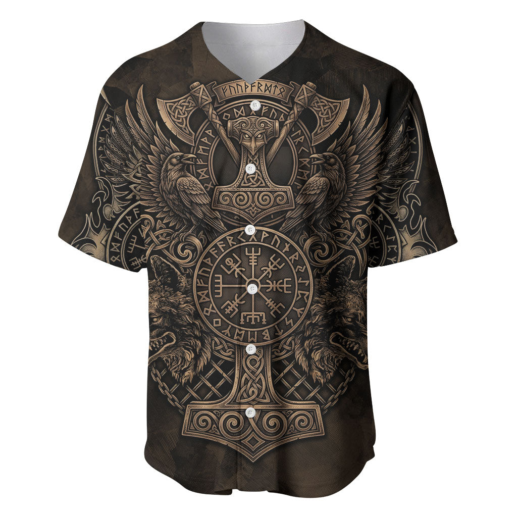 Viking Raven Wolf Vegvisir Baseball Jersey Nordic Runic Engraving Style